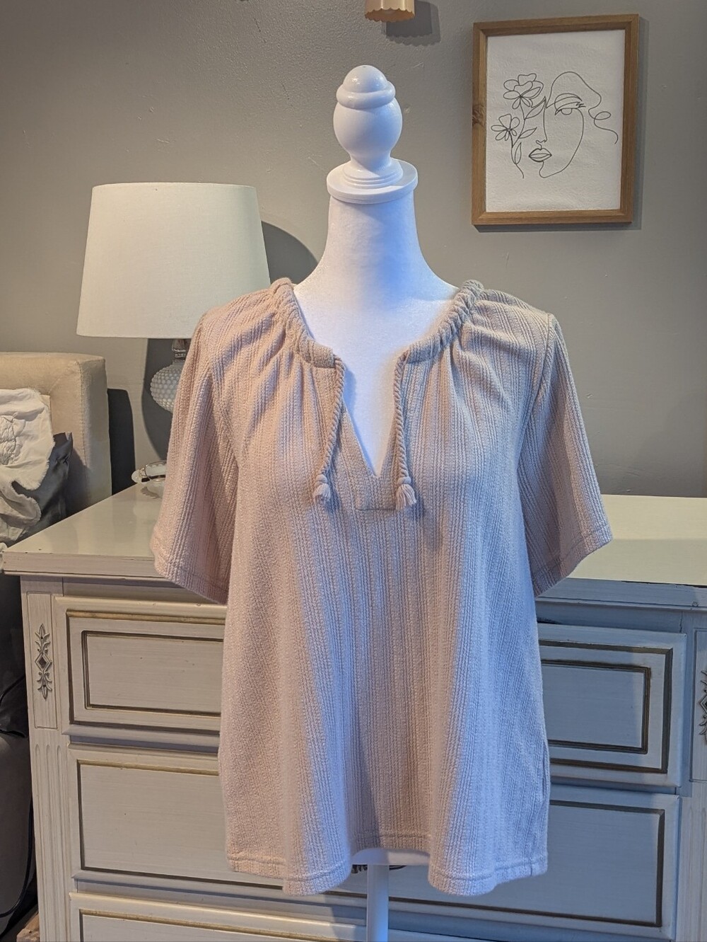 Madewell beige pattern knit top Tassel Tie-Neck Short Sleeve Peasant Top, M